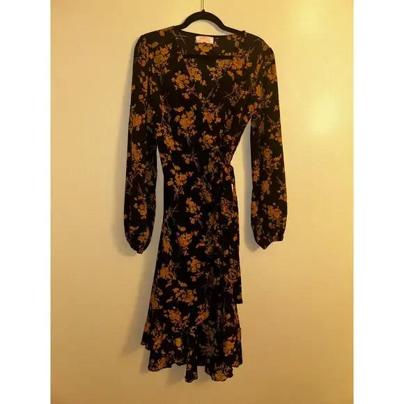 C+D+M Boho Preppy Professional Old Money Black & Gold Floral Wrap Dress - Picture 3 of 14